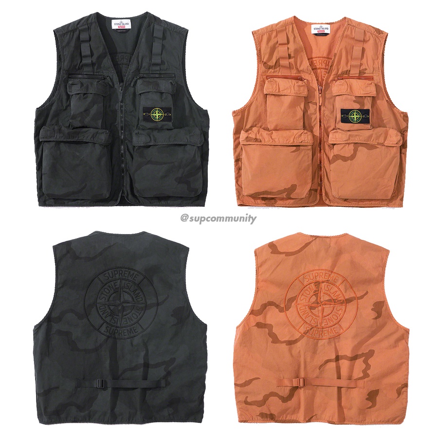 Details on Supreme Stone Island Camo Cargo Vest from spring summer
                                            2019 (Price is $398)