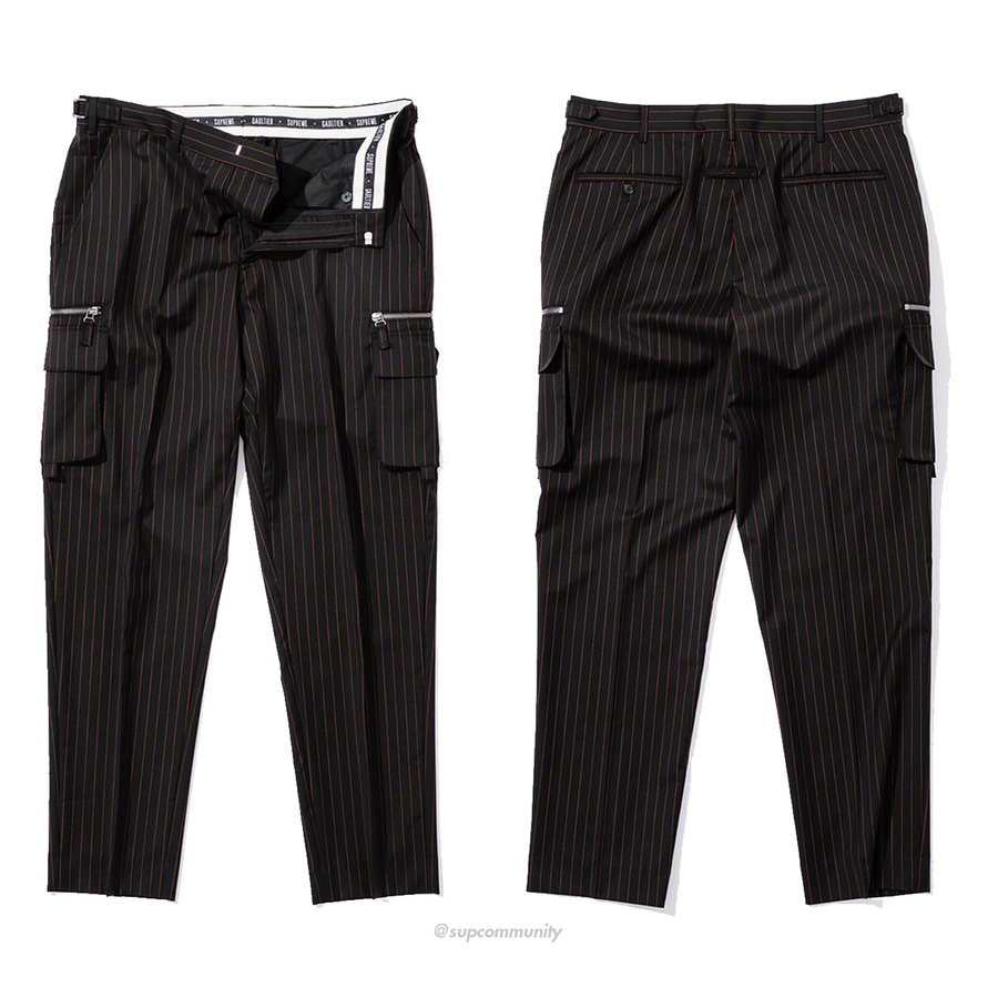 Details on Supreme Jean Paul Gaultier Pinstripe Cargo Suit Pant from spring summer
                                            2019 (Price is $358)