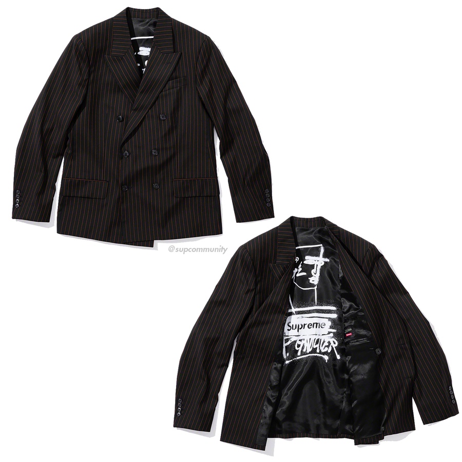 Details on Supreme Jean Paul Gaultier Pinstripe Double Breasted Blazer from spring summer
                                            2019 (Price is $498)