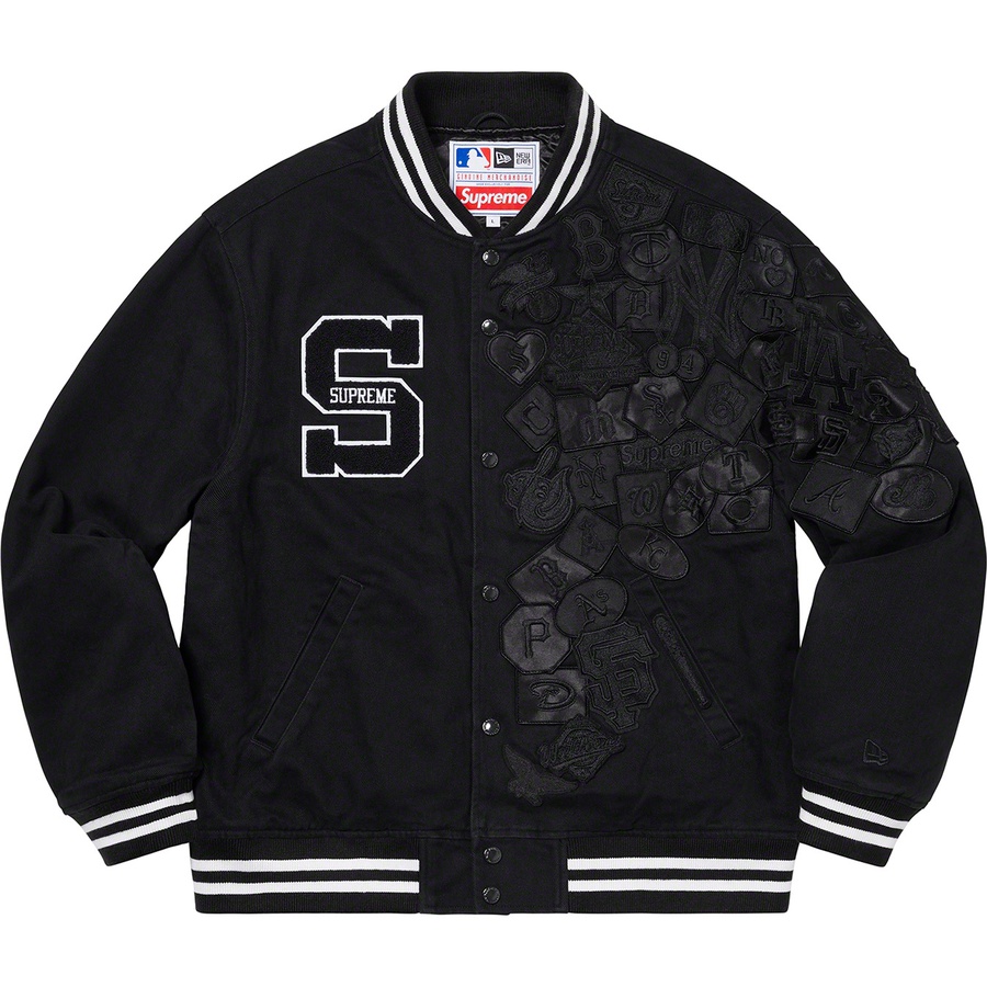 Details on Supreme New Era MLB Varsity Jacket Black from spring summer
                                                    2020 (Price is $328)