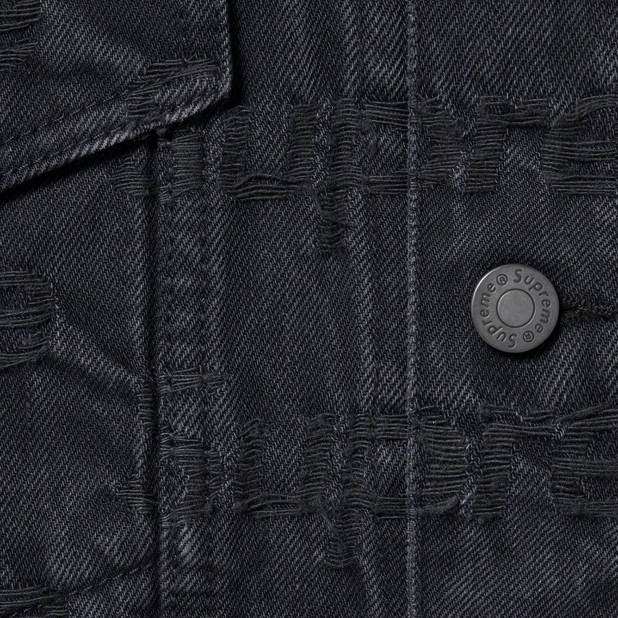Details on Frayed Logos Denim Trucker Jacket Black from spring summer
                                                    2021 (Price is $238)
