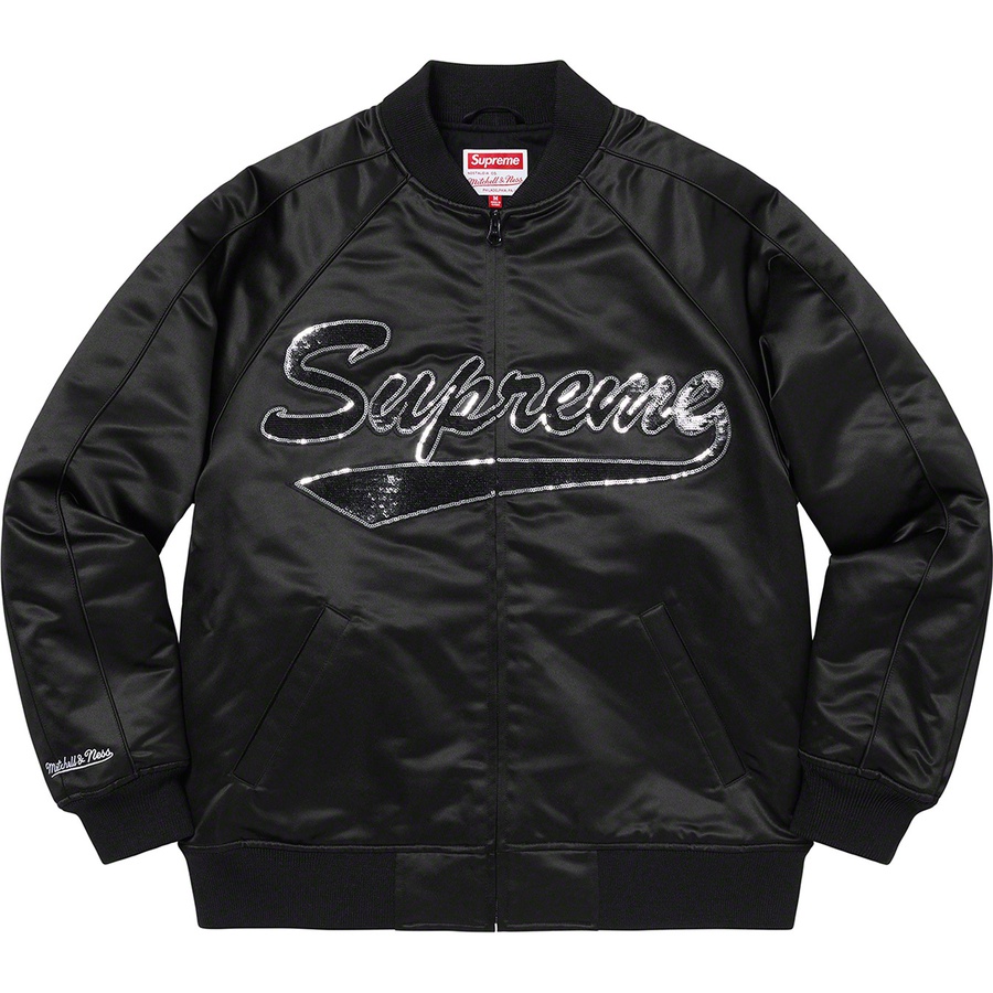 Details on Supreme Mitchell & Ness Sequin Logo Varsity Jacket Black from fall winter
                                                    2021 (Price is $248)