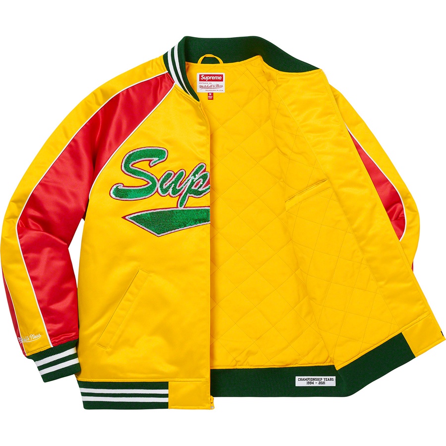 Details on Supreme Mitchell & Ness Sequin Logo Varsity Jacket Gold from fall winter
                                                    2021 (Price is $248)