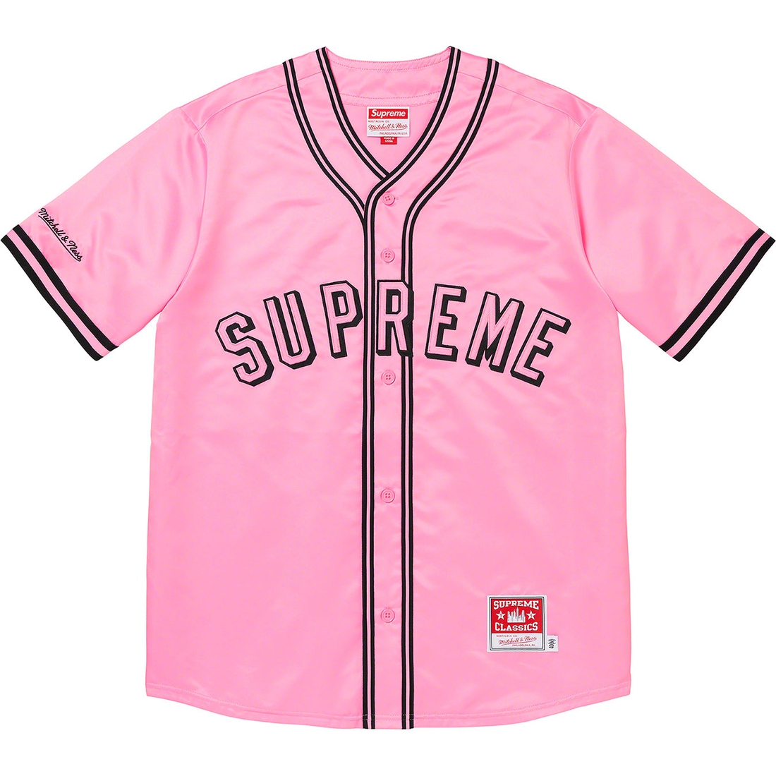 Details on Supreme Mitchell & Ness Satin Baseball Jersey Pink from spring summer
                                                    2023 (Price is $158)