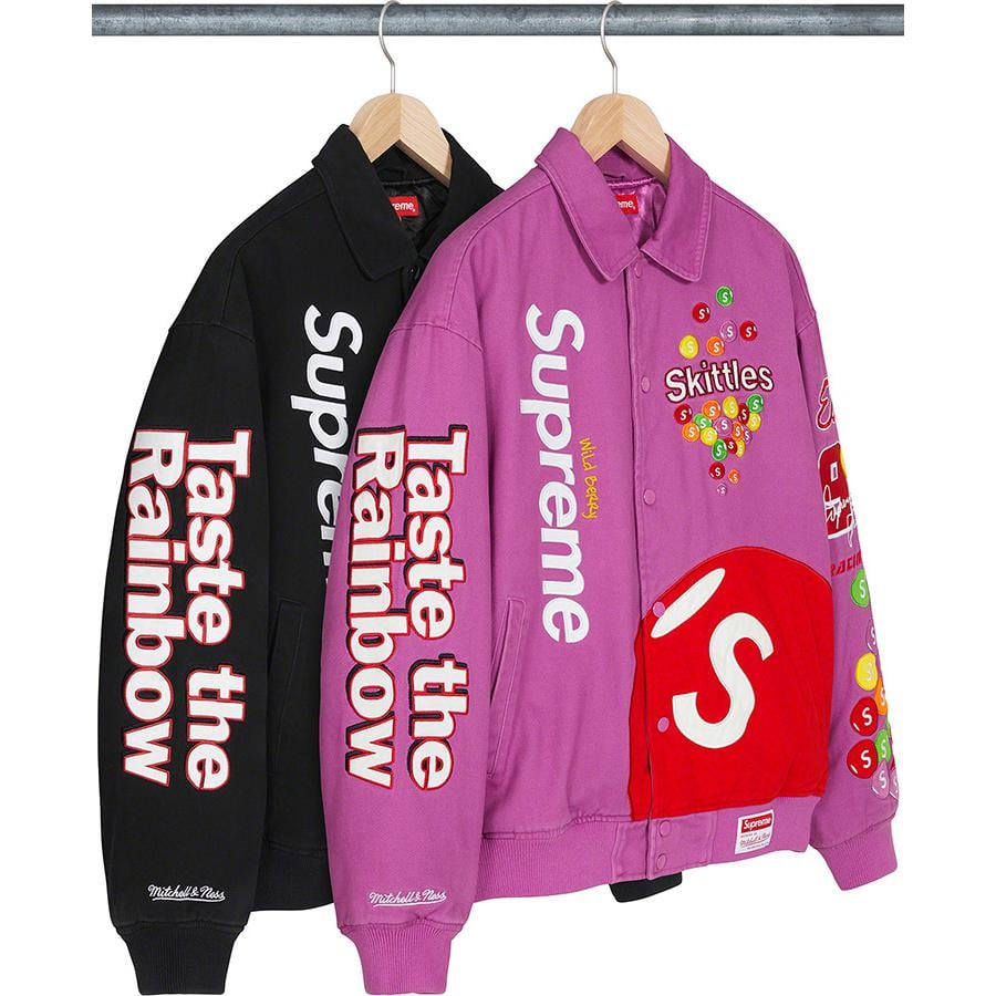 Details on Supreme Skittles <wbr>Mitchell & Ness Varsity Jacket from fall winter
                                            2021 (Price is $368)