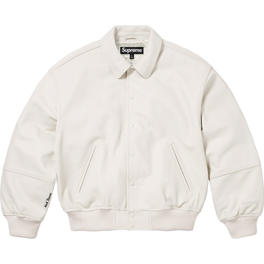 Details on GORE-TEX Infinium WINDSTOPPER Leather Varsity Jacket White from fall winter
                                                    2023 (Price is $998)