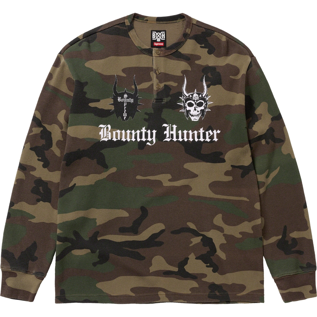 Details on Supreme Bounty Hunter Thermal Henley L S Top Woodland Camo from fall winter
                                                    2023 (Price is $110)