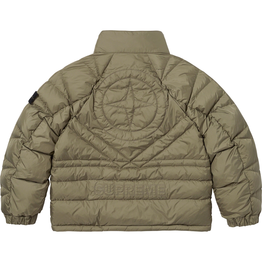 Details on Supreme Stone Island Reversible Down Puffer Jacket Olive from fall winter
                                                    2023 (Price is $998)