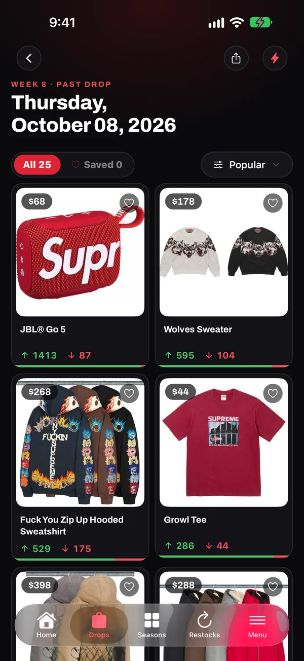 The weekly droplist in the app