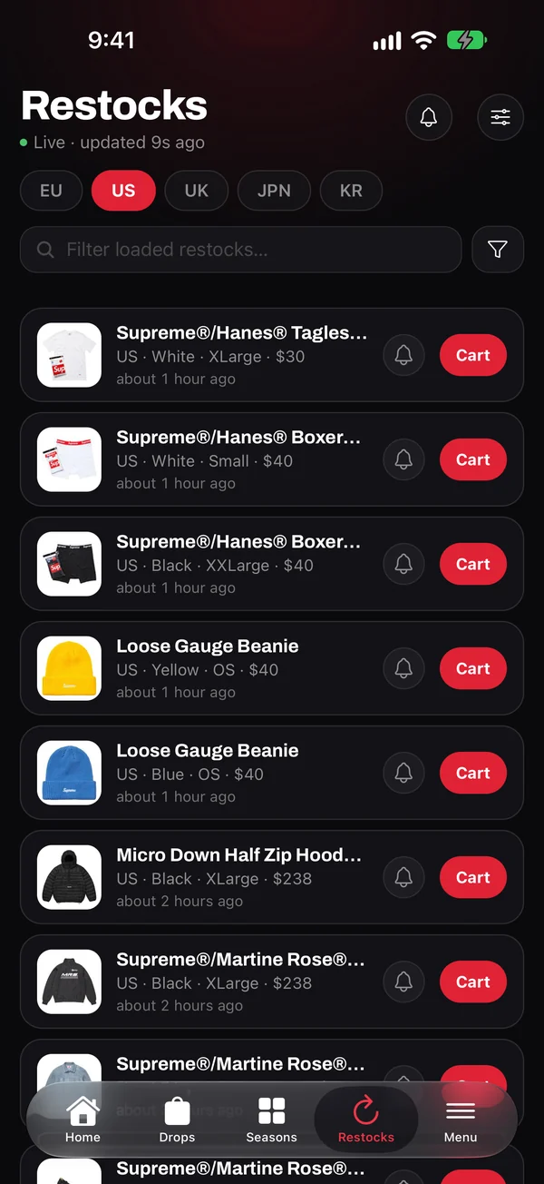 Restock alerts in the app