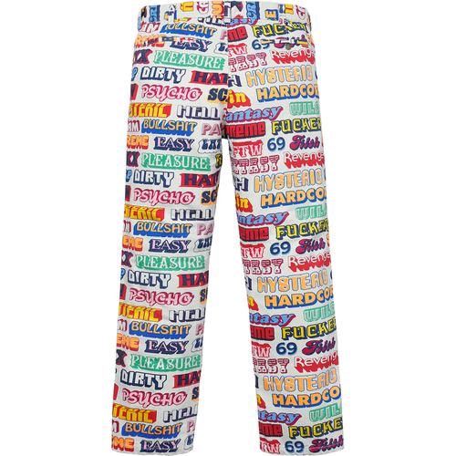 Details on Supreme HYSTERIC GLAMOUR Text Work Pant None from fall winter 2017 (Price is $158)