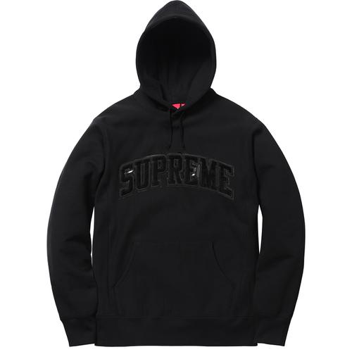 Details on Patent Chenille Arc Logo Hooded Sweatshirt None from fall winter 2017 (Price is $158)