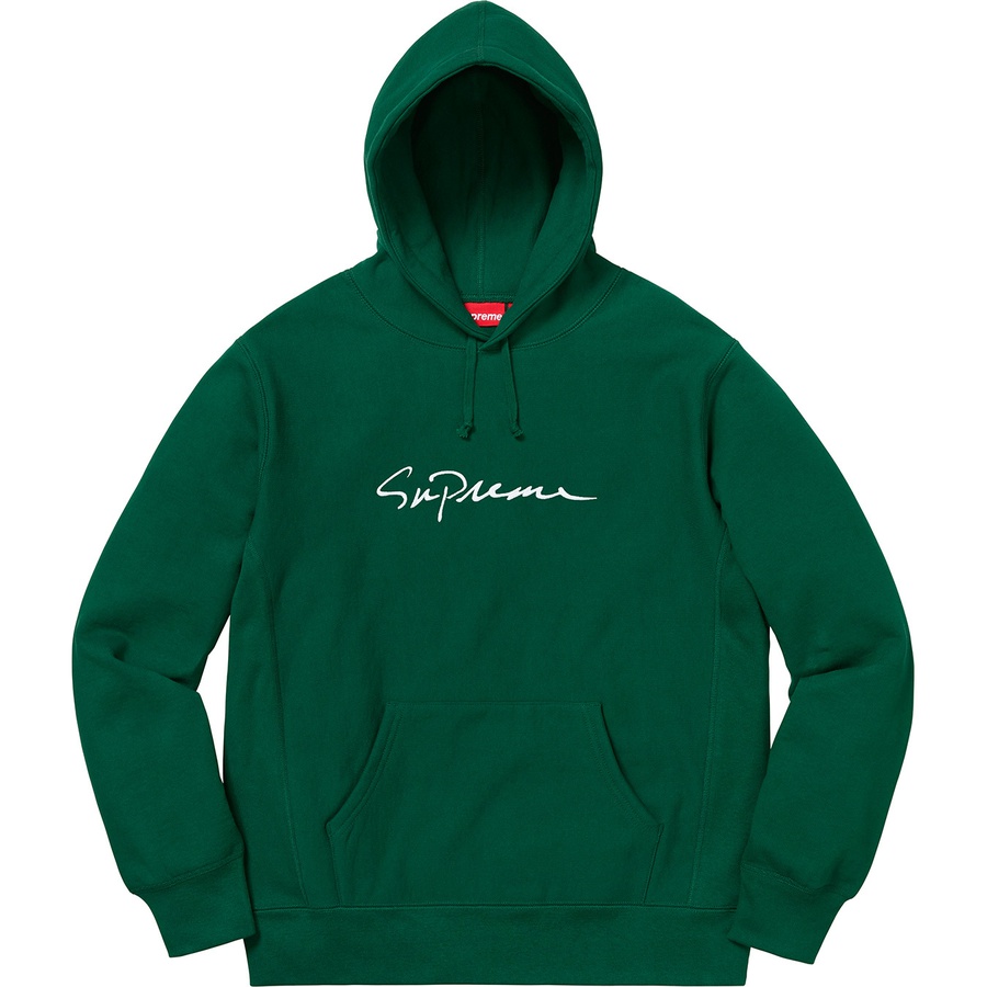 Details on Classic Script Hooded Sweatshirt Dark Green from fall winter 2018 (Price is $168)