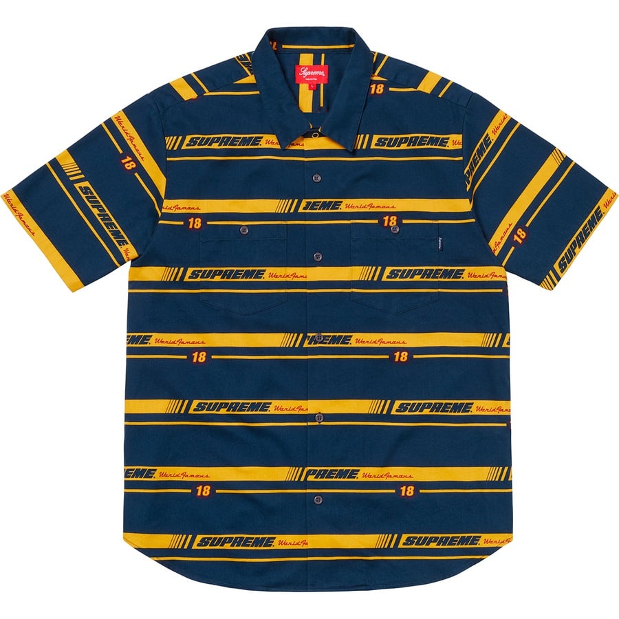 Details on Striped Racing Work Shirt Navy from fall winter 2018 (Price is $128)