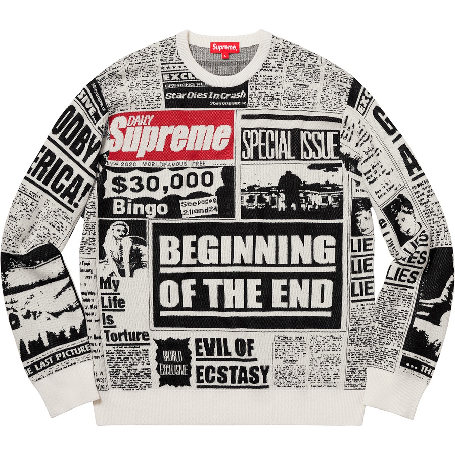 Details on Newsprint Sweater Off-White from fall winter 2018 (Price is $158)