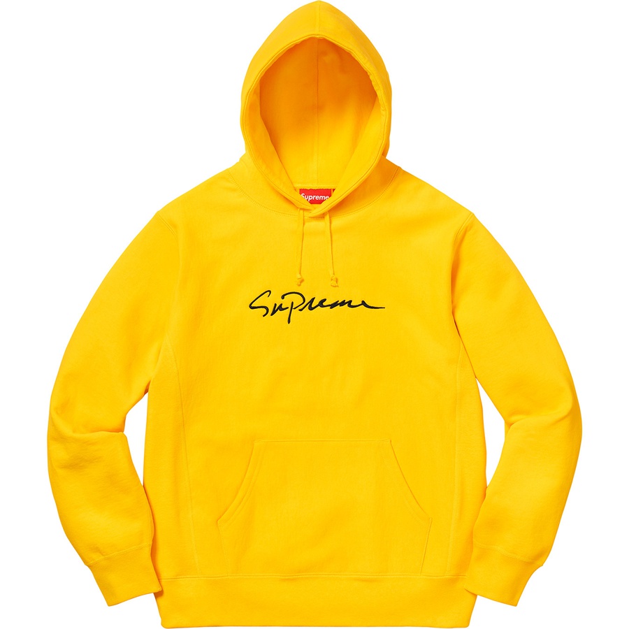 Details on Classic Script Hooded Sweatshirt Yellow from fall winter 2018 (Price is $168)