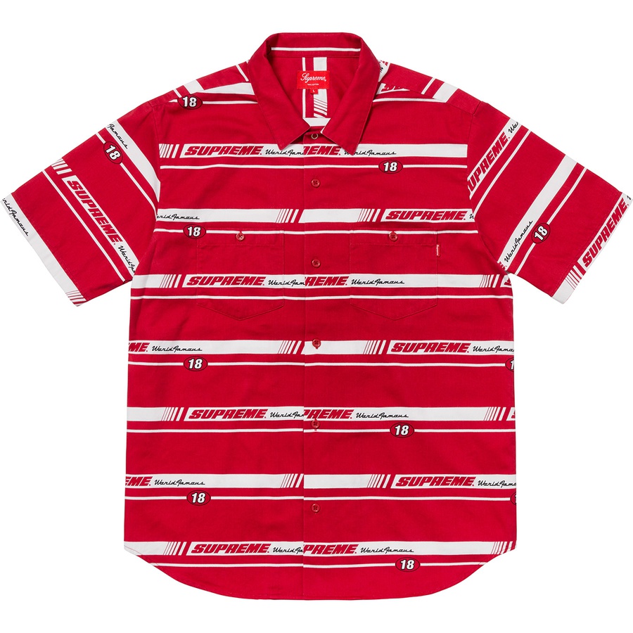 Details on Striped Racing Work Shirt Red from fall winter 2018 (Price is $128)
