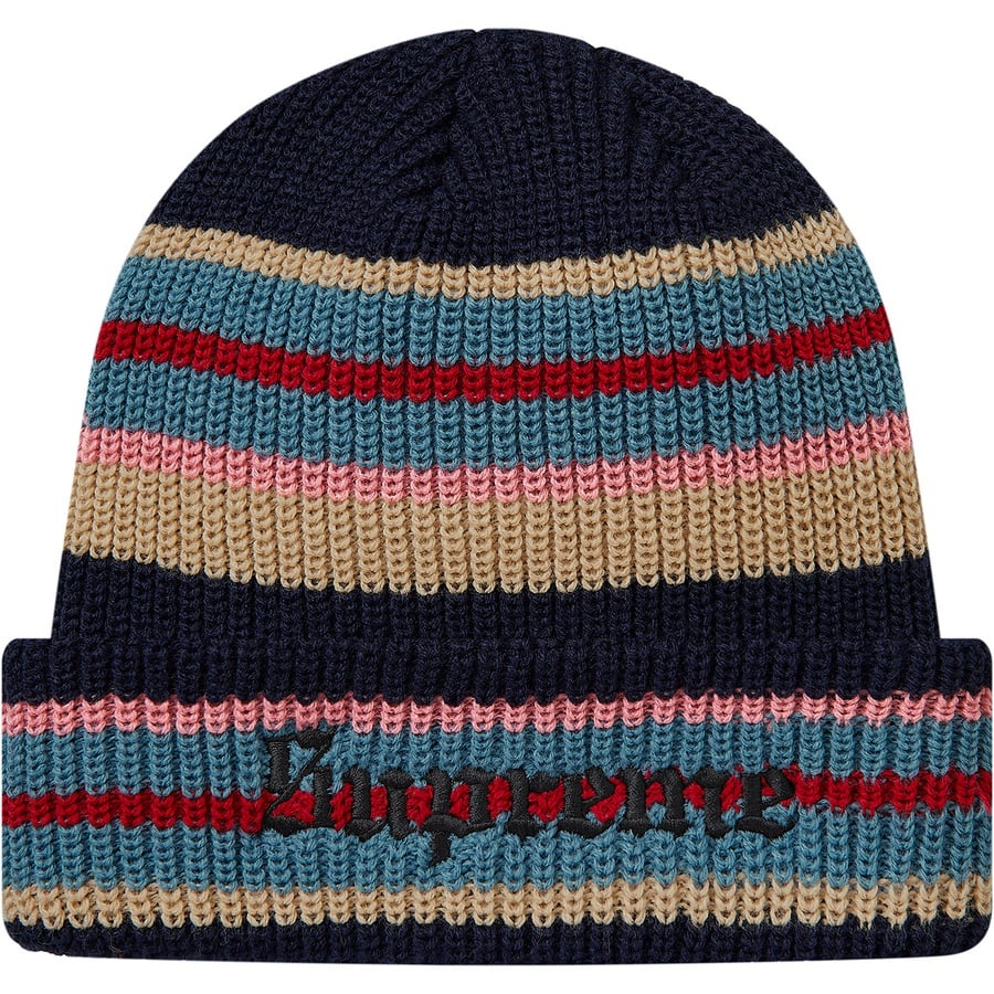 Details on Bright Stripe Beanie Navy from fall winter
                                                    2018 (Price is $32)