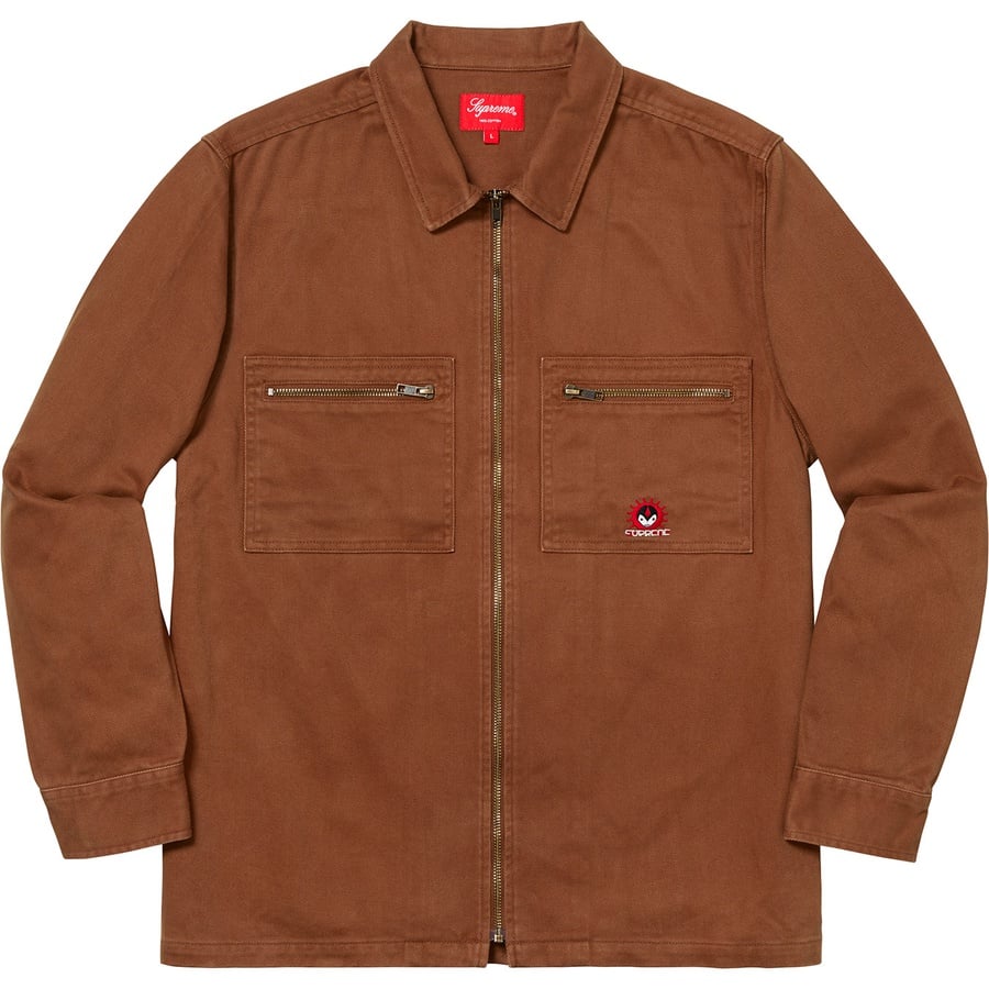Details on Vampire Denim Zip Up Shirt Brown from fall winter 2018 (Price is $138)