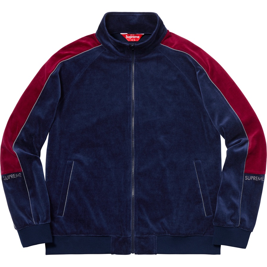 Details on Velour Track Jacket Navy from fall winter
                                                    2018 (Price is $148)