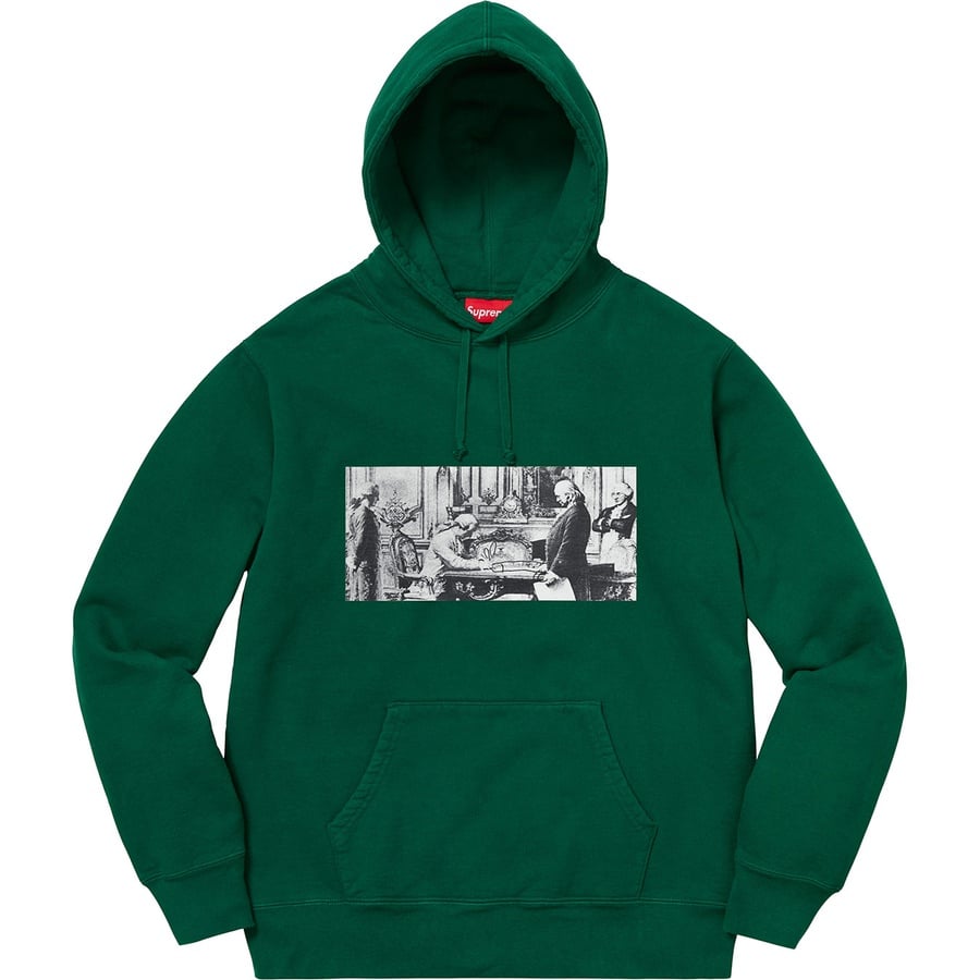 Details on Mike Kelley Supreme Franklin Signing the Treaty of Alliance with French Officials Hooded Sweatshirt Dark Green from fall winter
                                                    2018 (Price is $168)