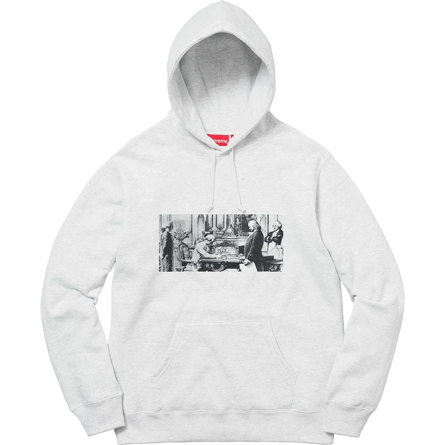 Details on Mike Kelley Supreme Franklin Signing the Treaty of Alliance with French Officials Hooded Sweatshirt Ash Grey from fall winter
                                                    2018 (Price is $168)