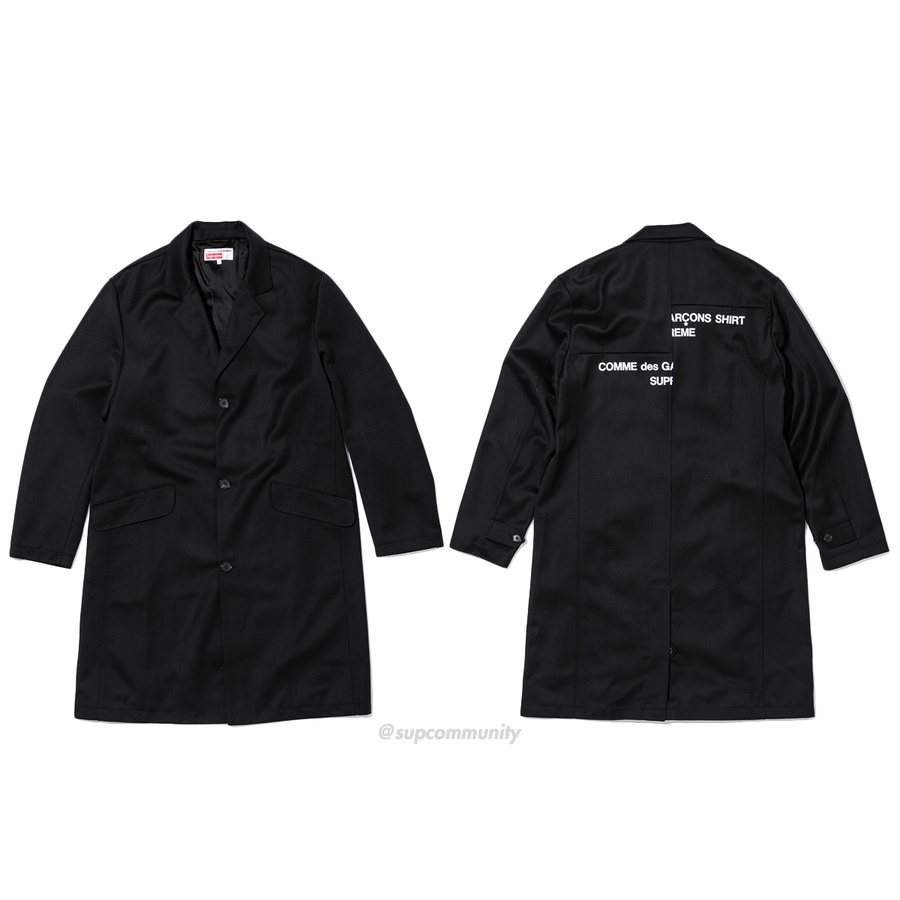 Details on Supreme Comme des Garçons SHIRT Wool Overcoat from fall winter 2018 (Price is $698)