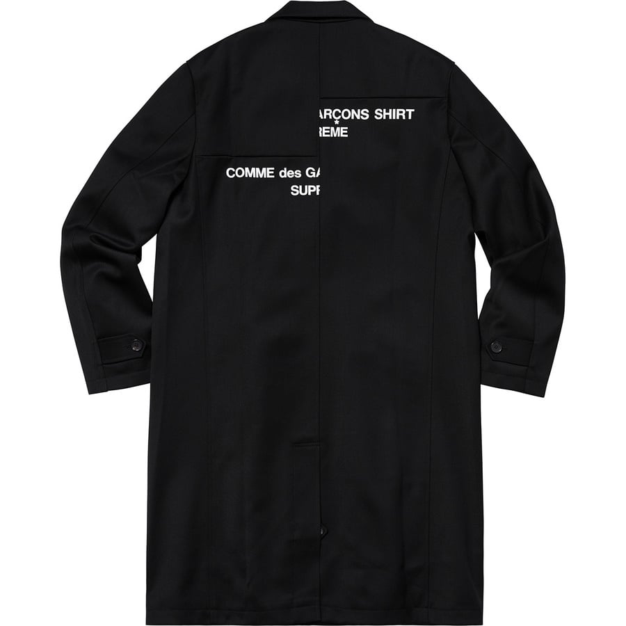 Details on Supreme Comme des Garçons SHIRT Wool Overcoat Black from fall winter 2018 (Price is $698)
