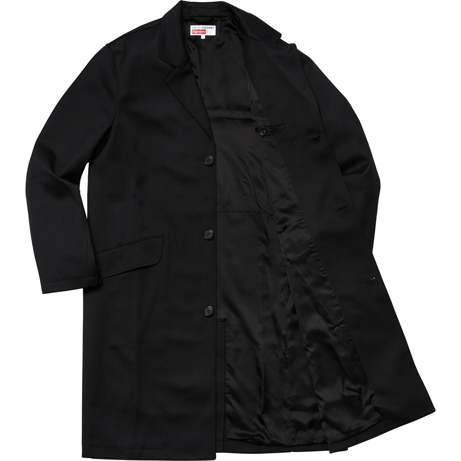 Details on Supreme Comme des Garçons SHIRT Wool Overcoat Black from fall winter 2018 (Price is $698)