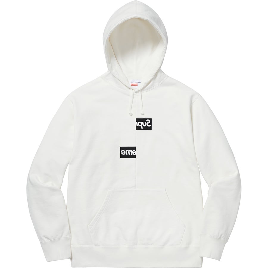 Details on Supreme Comme des Garçons SHIRT Split Box Logo Hooded Sweatshirt White from fall winter 2018 (Price is $178)