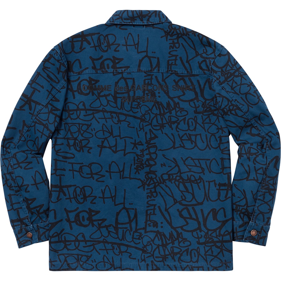 Details on Supreme Comme des Garçons SHIRT Printed Canvas Chore Coat Navy from fall winter 2018 (Price is $298)