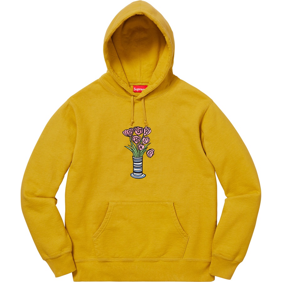 Details on Flowers Hooded Sweatshirt Mustard from fall winter 2018 (Price is $158)