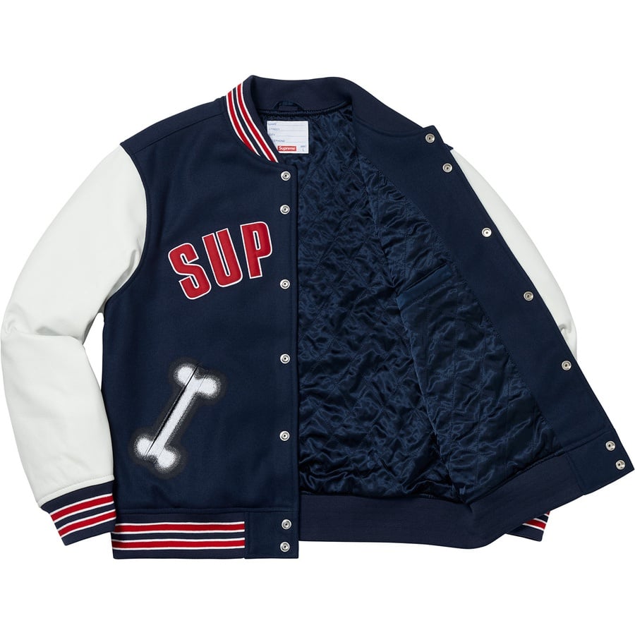 Details on Bone Varsity Jacket Navy from fall winter 2018 (Price is $438)