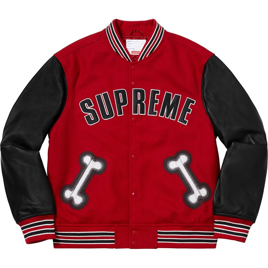 Details on Bone Varsity Jacket Red from fall winter 2018 (Price is $438)