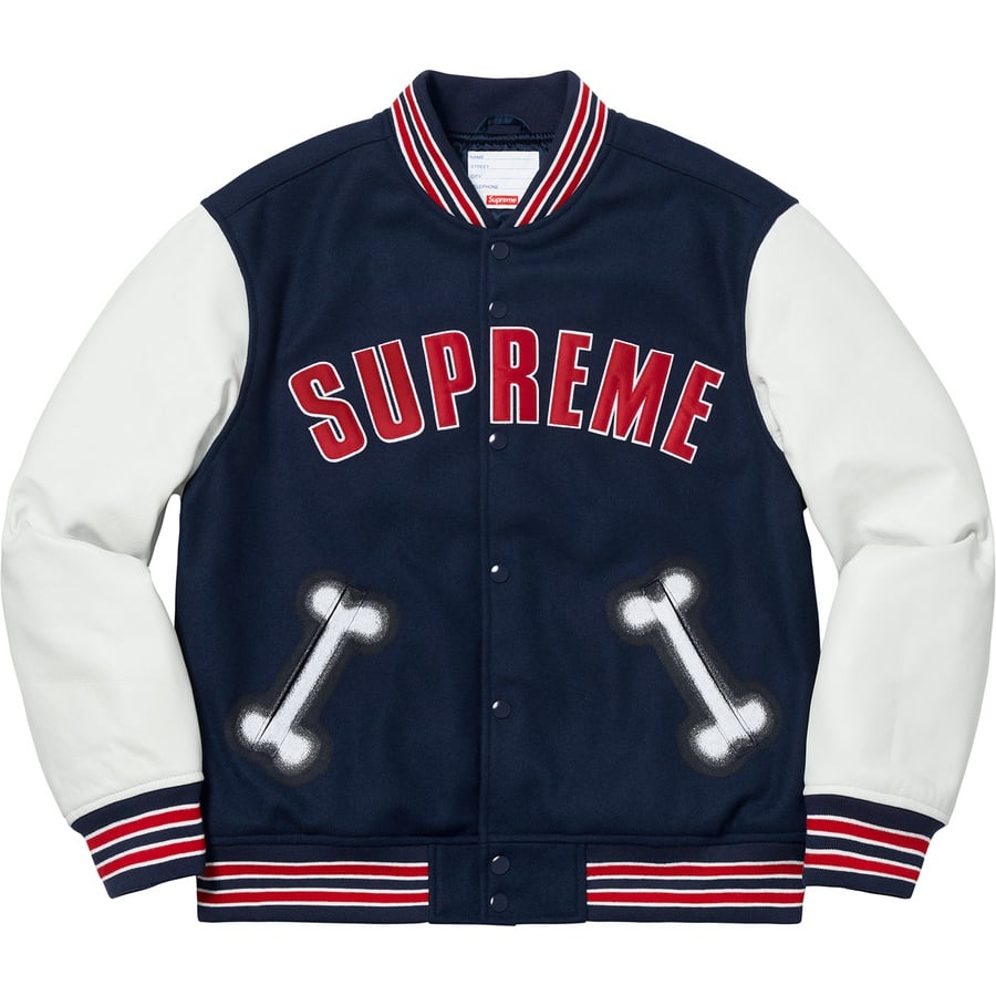 Details on Bone Varsity Jacket Navy from fall winter 2018 (Price is $438)