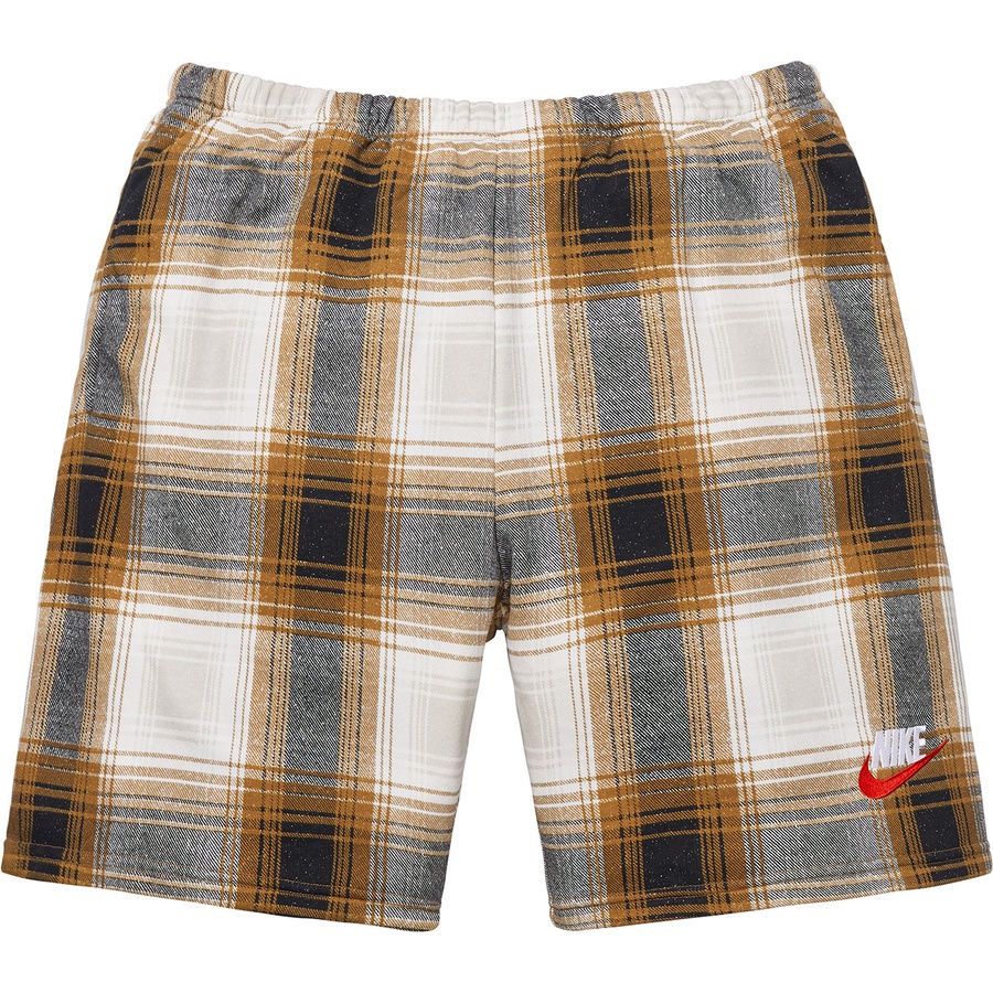 Details on Supreme Nike Plaid Sweatshort Mustard from fall winter
                                                    2018 (Price is $108)