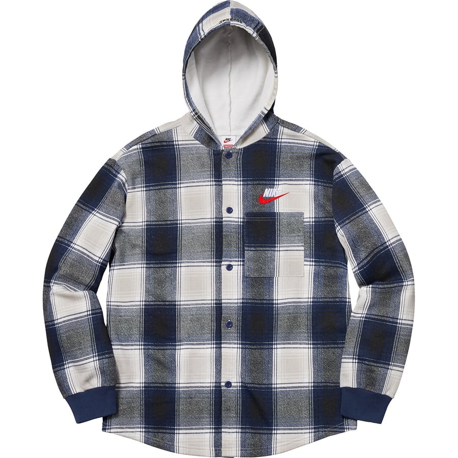 Details on Supreme Nike Plaid Hooded Sweatshirt Navy from fall winter
                                                    2018 (Price is $158)