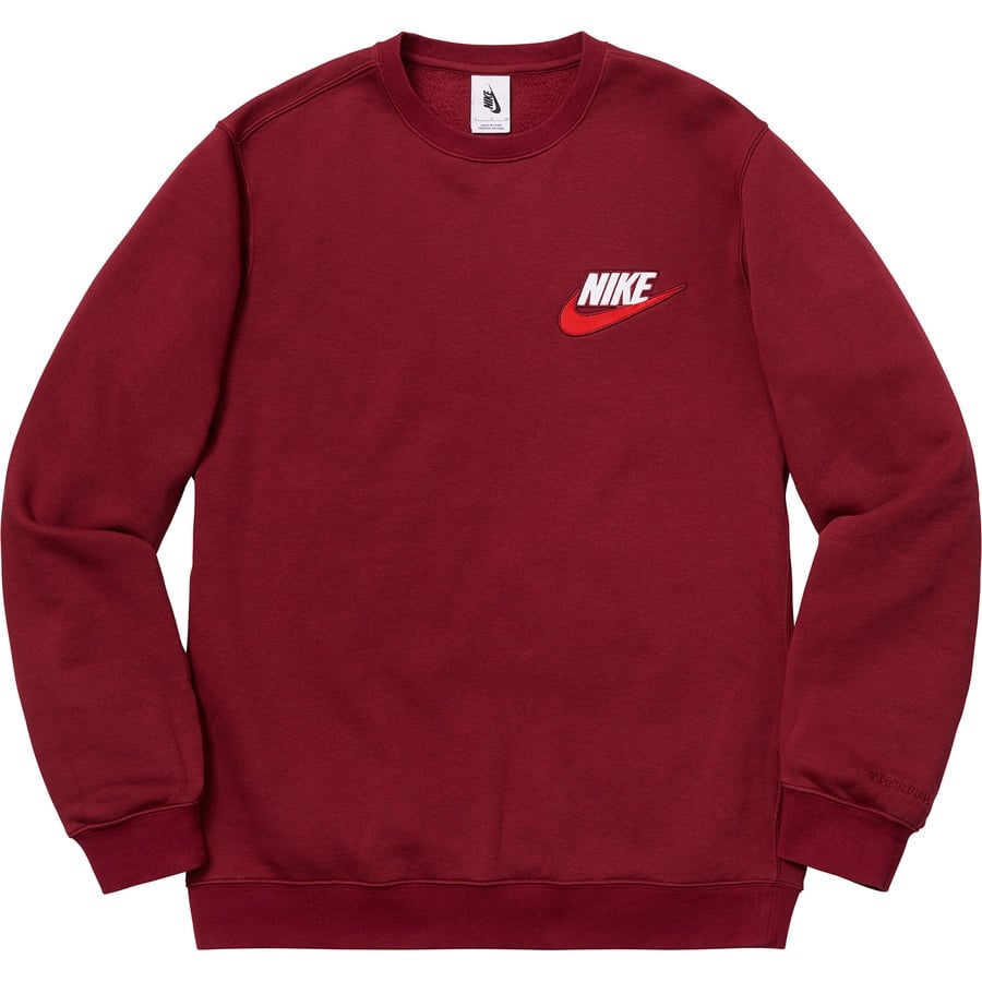 Details on Supreme Nike Crewneck Burgundy from fall winter
                                                    2018 (Price is $128)