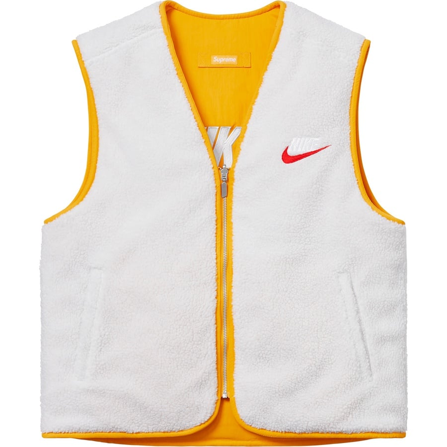 Details on Supreme Nike Reversible Nylon Sherpa Vest Mustard from fall winter
                                                    2018 (Price is $168)