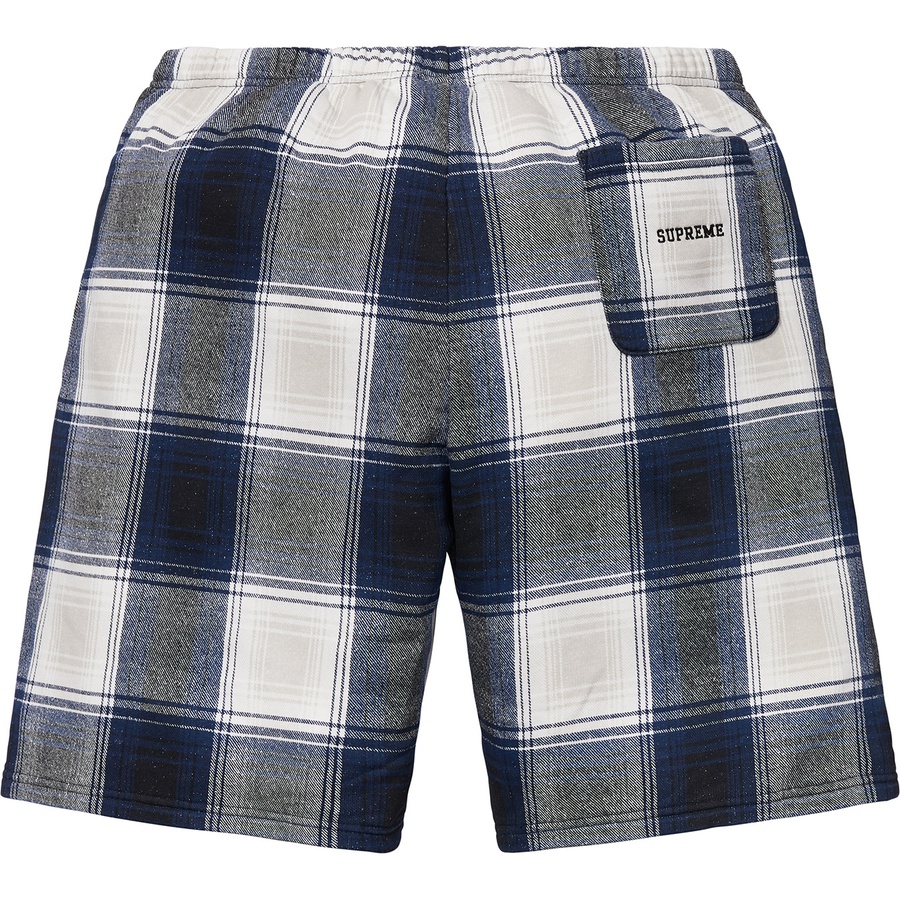 Details on Supreme Nike Plaid Sweatshort Navy from fall winter
                                                    2018 (Price is $108)