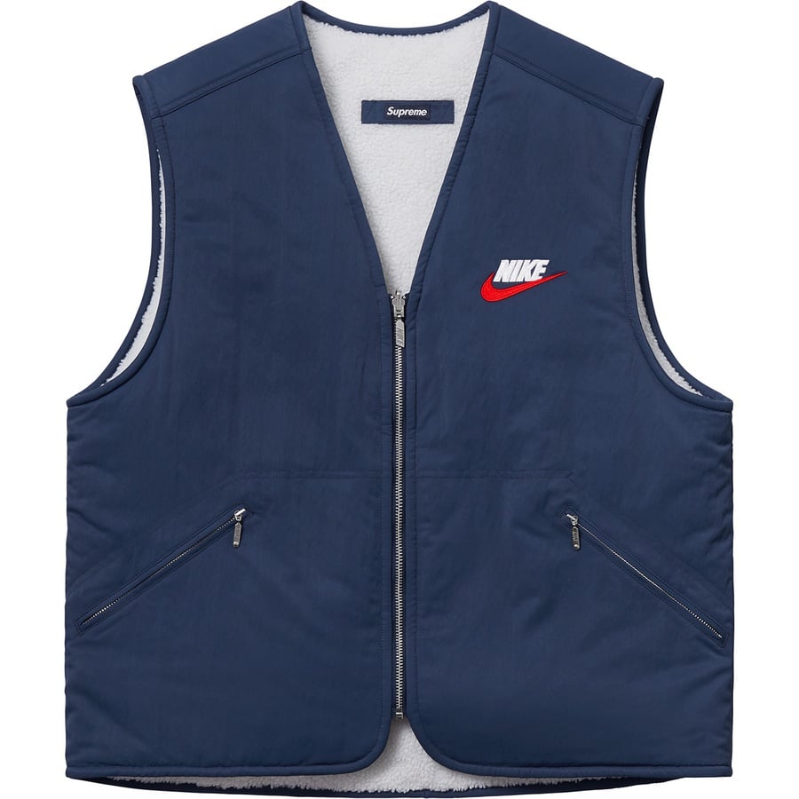 Details on Supreme Nike Reversible Nylon Sherpa Vest Navy from fall winter
                                                    2018 (Price is $168)