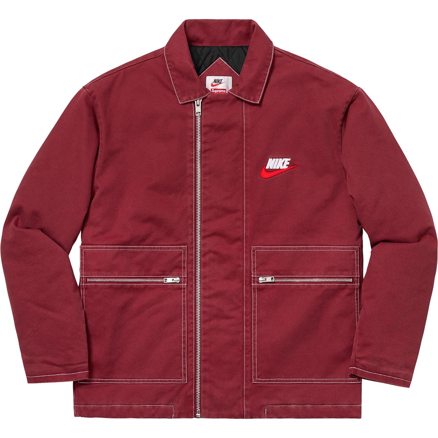 Details on Supreme Nike Double Zip Quilted Work Jacket Burgundy from fall winter 2018 (Price is $260)