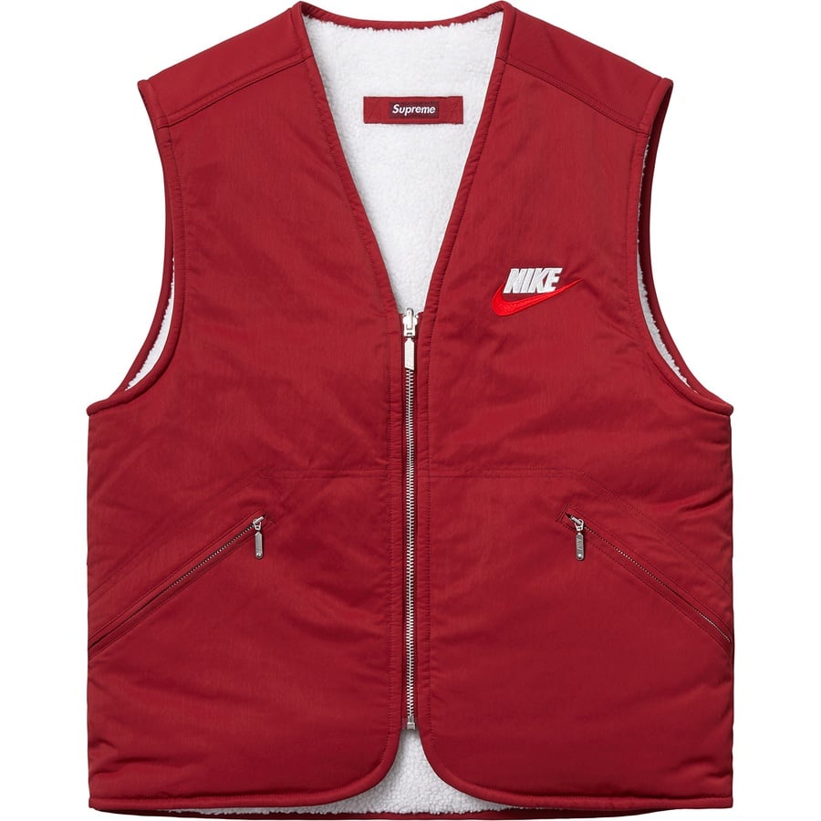 Details on Supreme Nike Reversible Nylon Sherpa Vest Burgundy from fall winter
                                                    2018 (Price is $168)