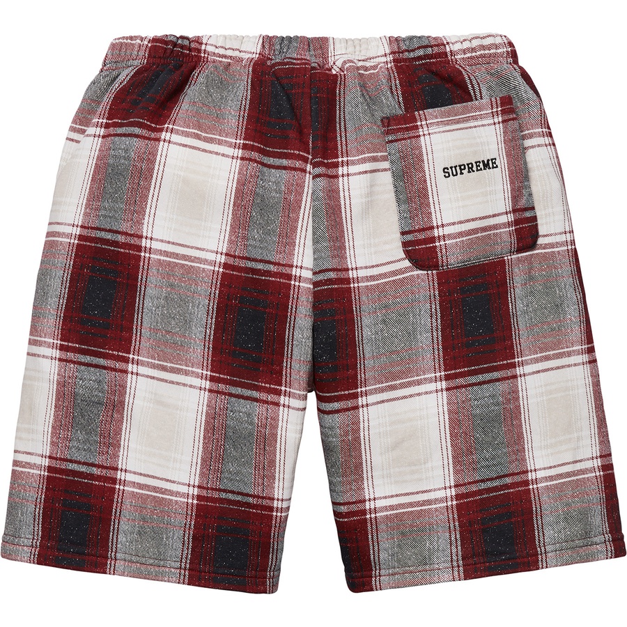 Details on Supreme Nike Plaid Sweatshort Burgundy from fall winter 2018 (Price is $108)