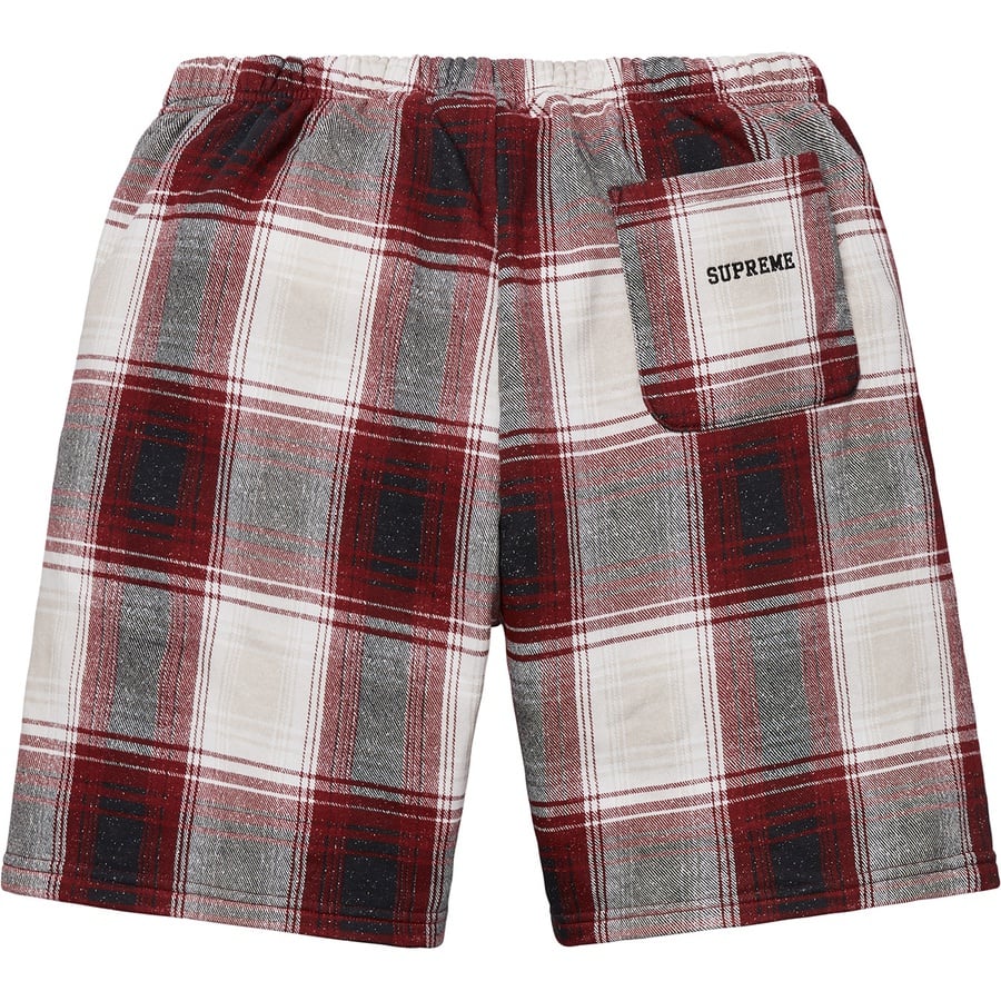 Details on Supreme Nike Plaid Sweatshort Burgundy from fall winter
                                                    2018 (Price is $108)