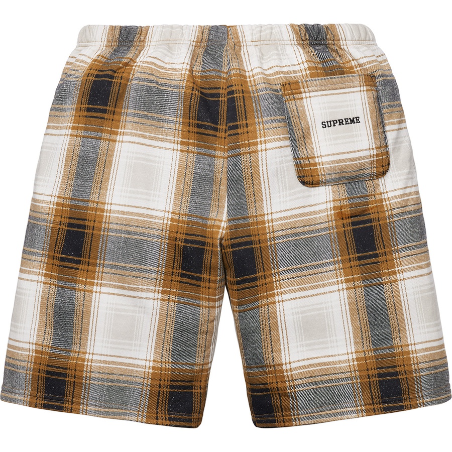Details on Supreme Nike Plaid Sweatshort Mustard from fall winter 2018 (Price is $108)