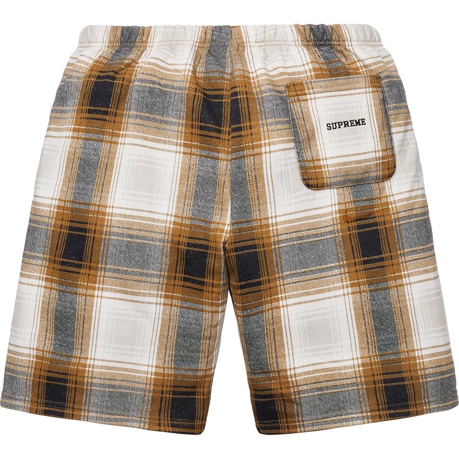 Details on Supreme Nike Plaid Sweatshort Mustard from fall winter
                                                    2018 (Price is $108)