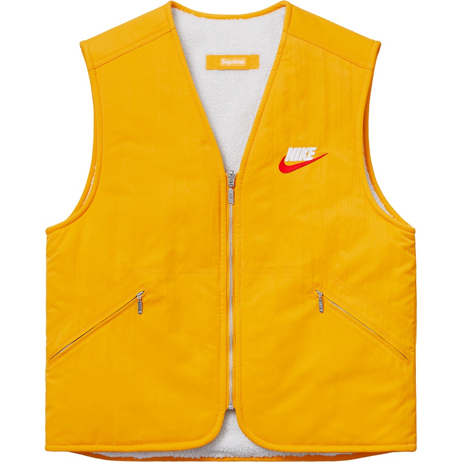 Details on Supreme Nike Reversible Nylon Sherpa Vest Mustard from fall winter
                                                    2018 (Price is $168)