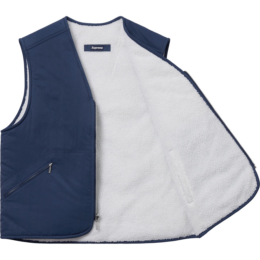 Details on Supreme Nike Reversible Nylon Sherpa Vest Navy from fall winter
                                                    2018 (Price is $168)