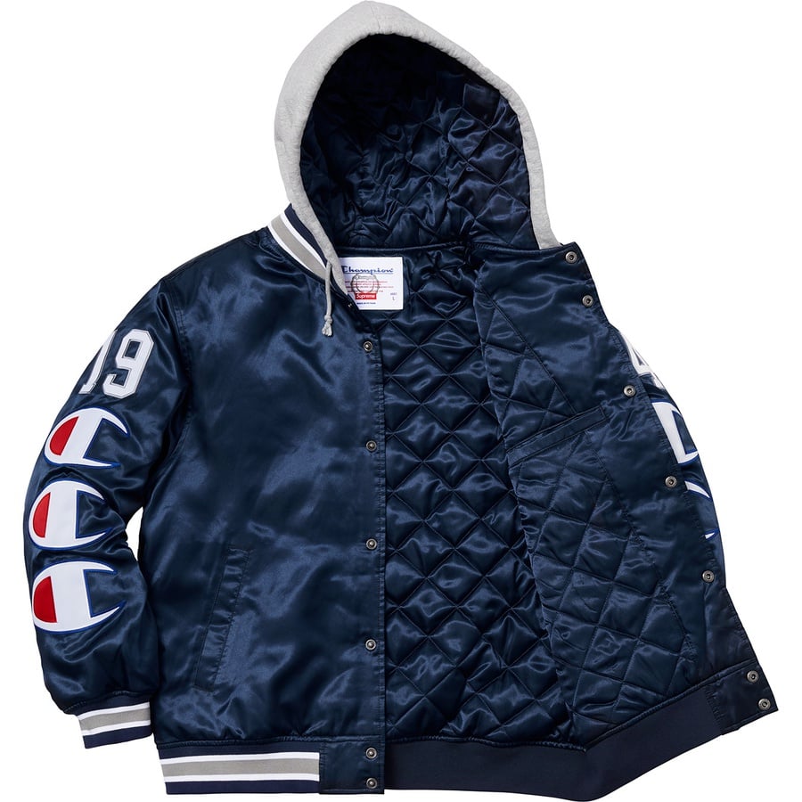 Details on Supreme Champion Hooded Satin Varsity Jacket Navy from fall winter
                                                    2018 (Price is $218)